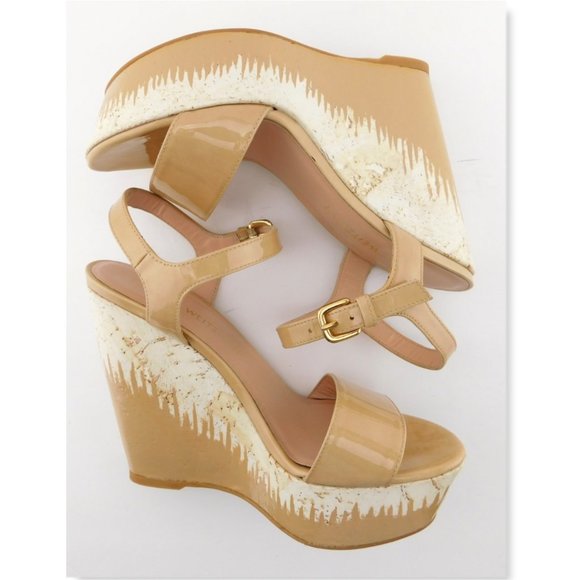 STUART WEITZMAN Beige Nude Patent Leather Cork Wedge Heel Sling Sandals 7.5 - Picture 4 of 8
